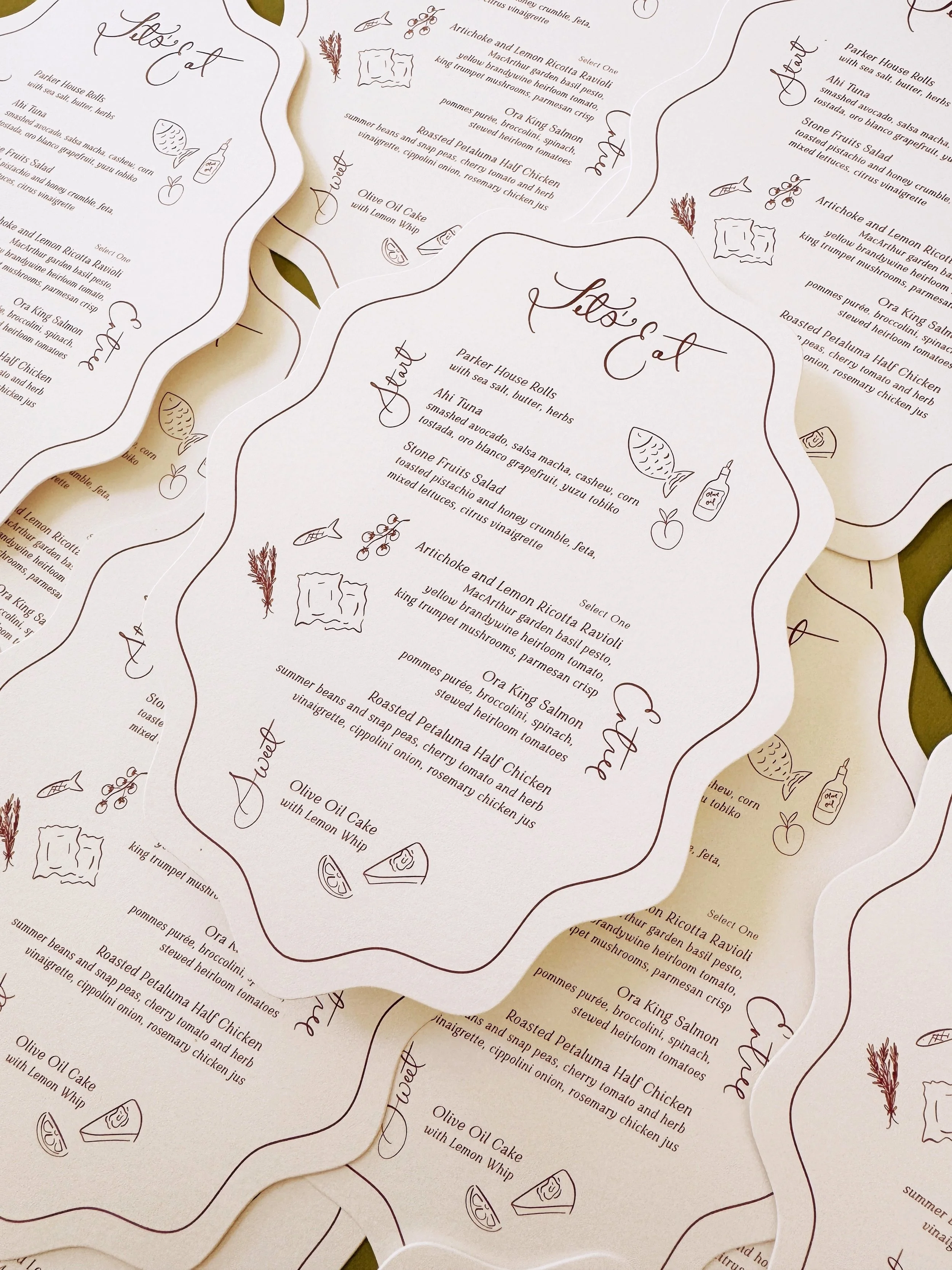 wavy wedding menu with custom food illustrations