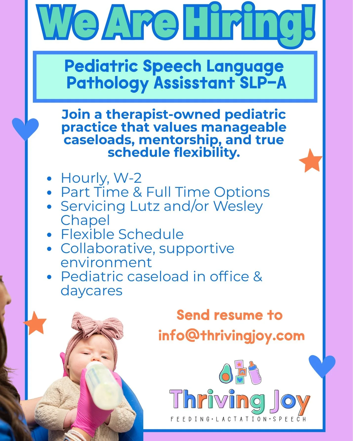 We continue to grow at Thriving Joy. So excited to continue adding to this amazing team with a Speech Language Pathology Assistant. 

If you are passionate about helping kids and families through connection, play, and collaboration we want to chat wi
