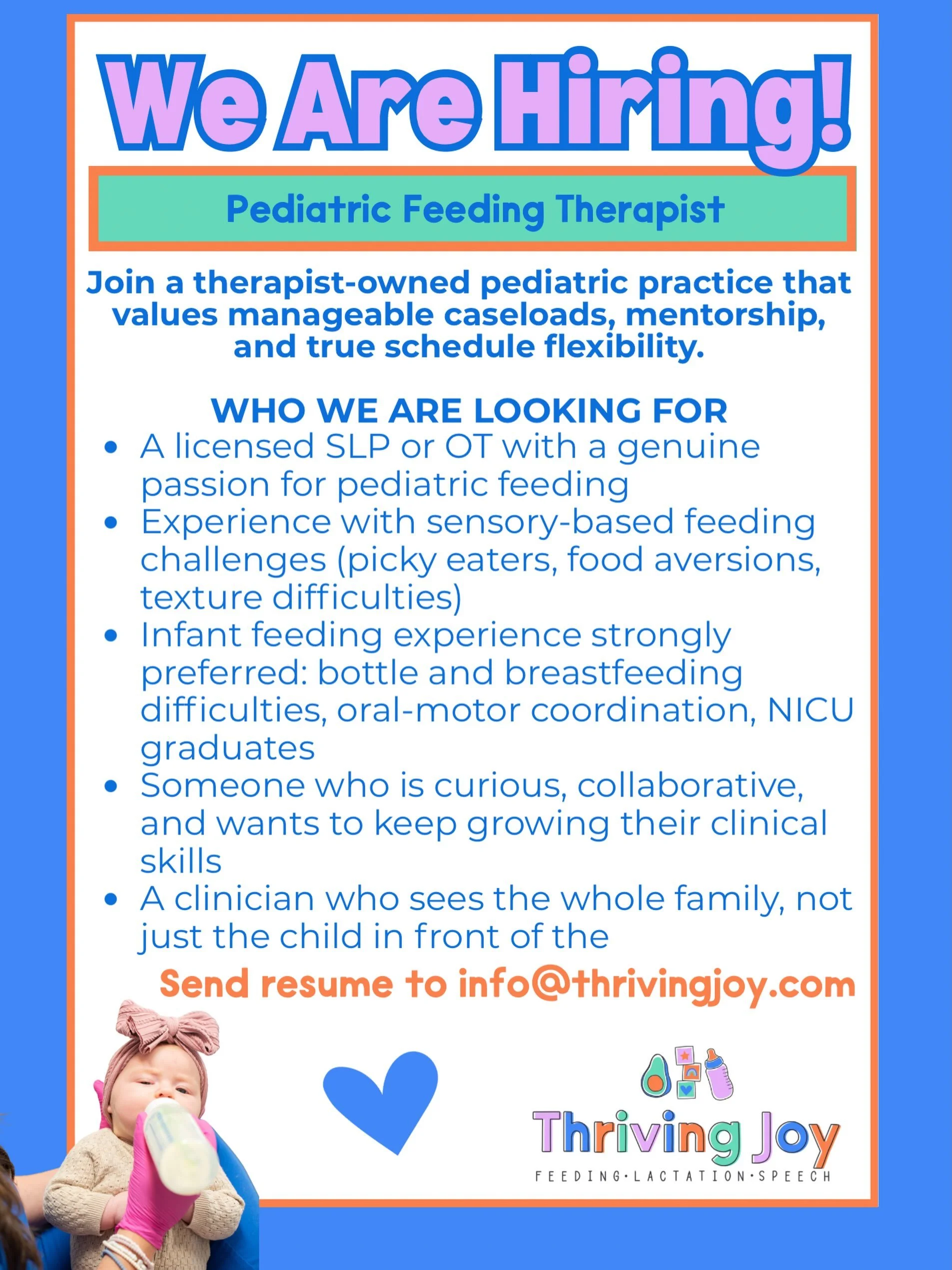 We are looking for a very special individual to join our team. Feeding has always been my passion. The moment I met my first feeding patient (a sweet baby with a tracheostomy) I was hooked. I never looked back and I am so humbled to own a clinic that