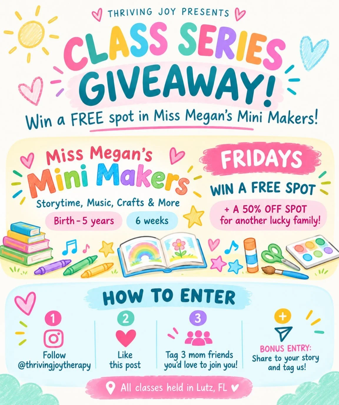 #lutzmoms, WIN A FREE SPOT IN MISS MEGAN&rsquo;S MINI MAKERS! 💕 

💕TWO WINNERS!
🌈 1 FREE spot in the 6-week series
💗 1 spot at 50% OFF

📚 Storytime, music, crafts &amp; more!
📅 Fridays starting October 30 at 10:30am
👶 Birth&ndash;5 years
📍 Lu