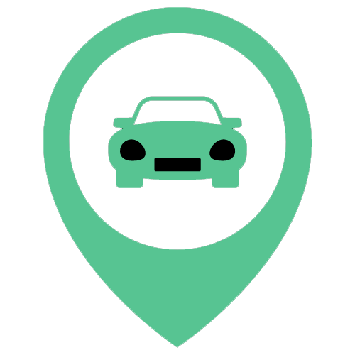 A green car icon inside a location marker symbol on a black background.
