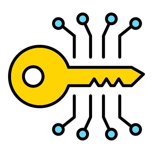 A large yellow key icon with a circular handle and jagged teeth at the end, surrounded by a dotted circle of blue dots on a black background.