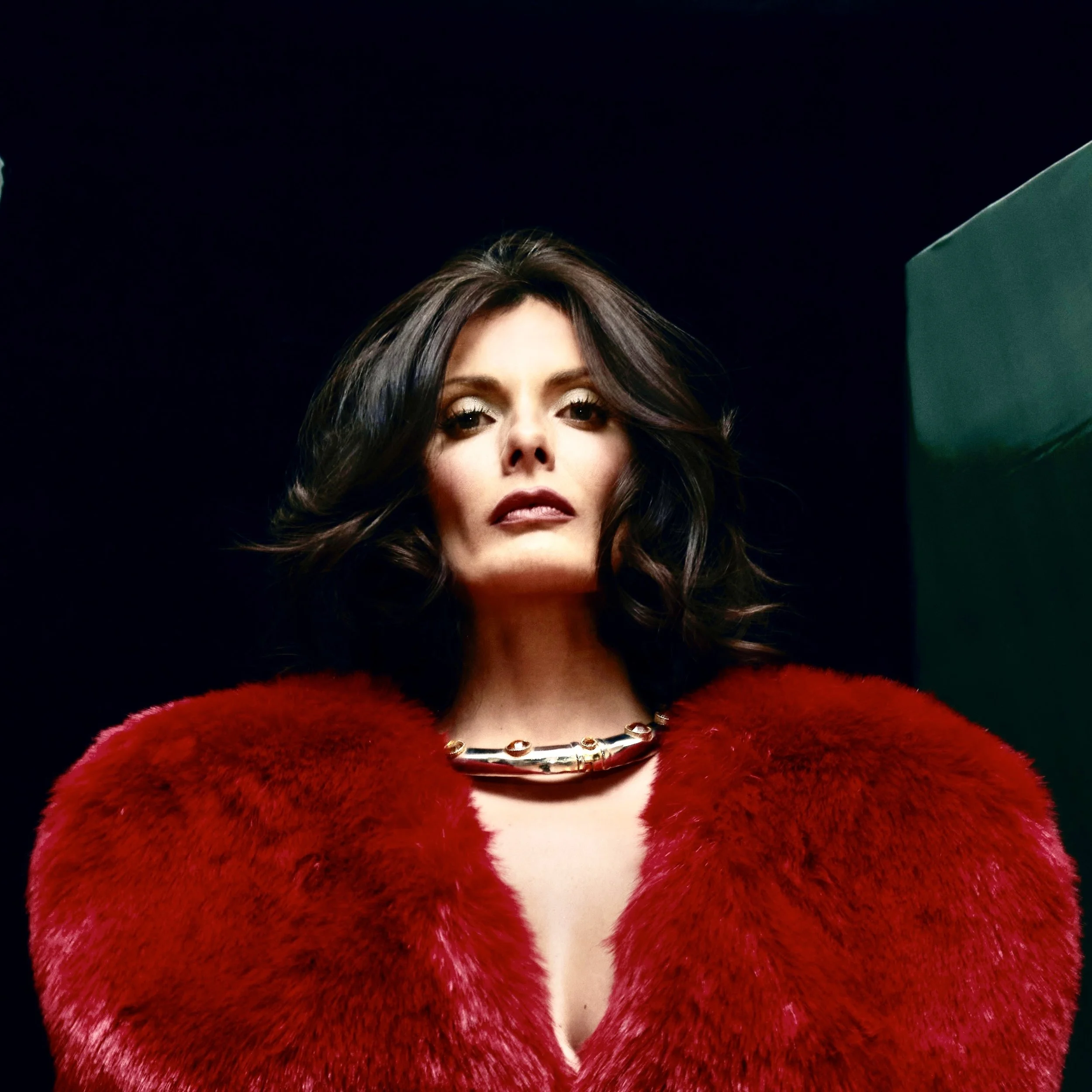 Close-up of a woman wearing a luxurious red fur coat with a shiny silver necklace, against a dark background.