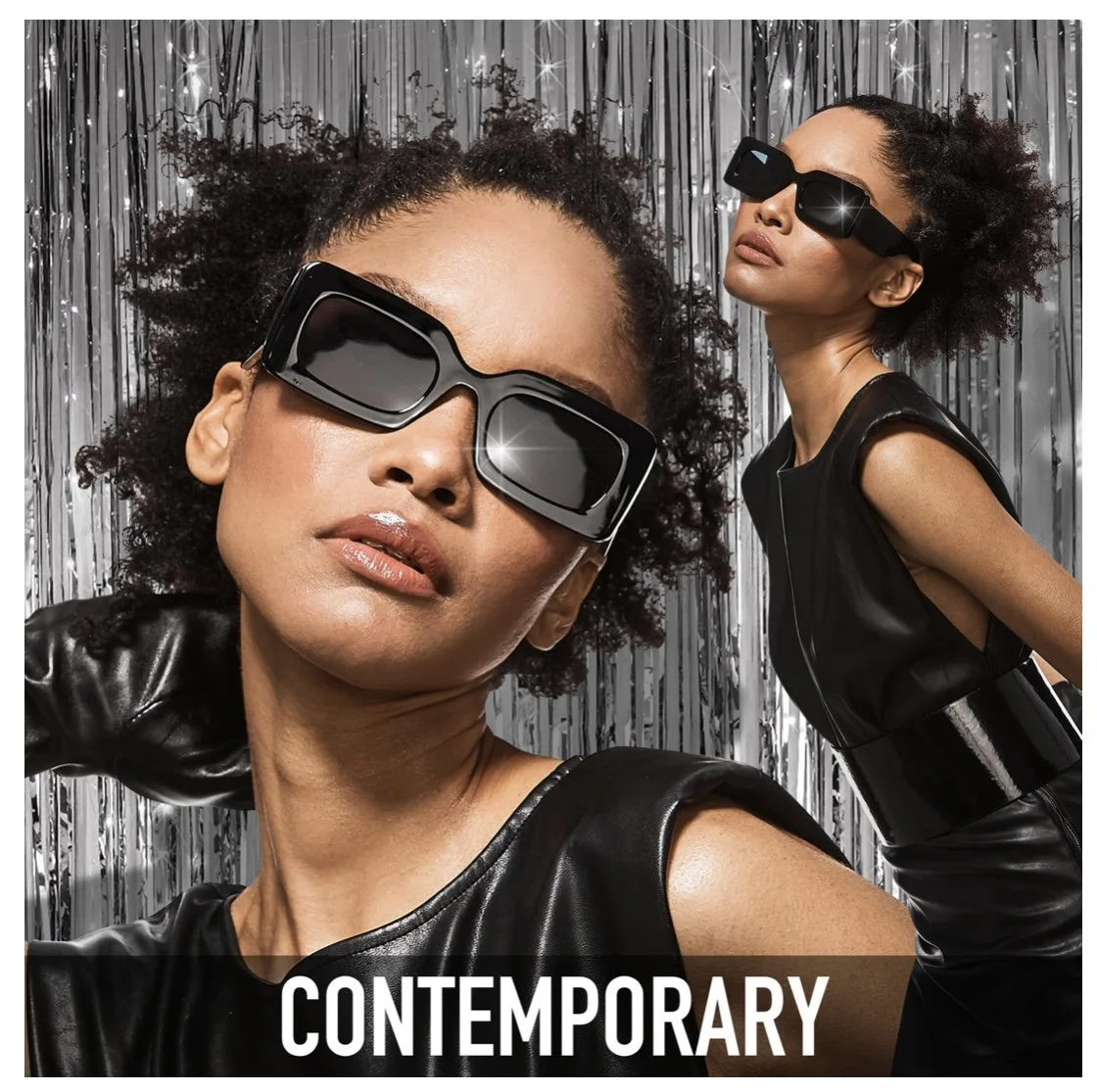 Two women wearing futuristic black sunglasses and black leather outfits, posing against a metallic silver fringe backdrop with the word 'CONTEMPORARY' at the bottom.