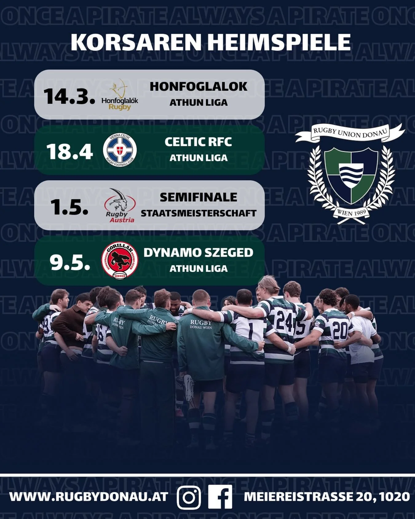 Korsaren Heimspiele !
Unser Korsaren haben noch 3 Heimspiele diese Saison. 
Kommt und feuert unser zweites Team an!

#korsaren #rugbydonau #onceapiratealwaysapirate