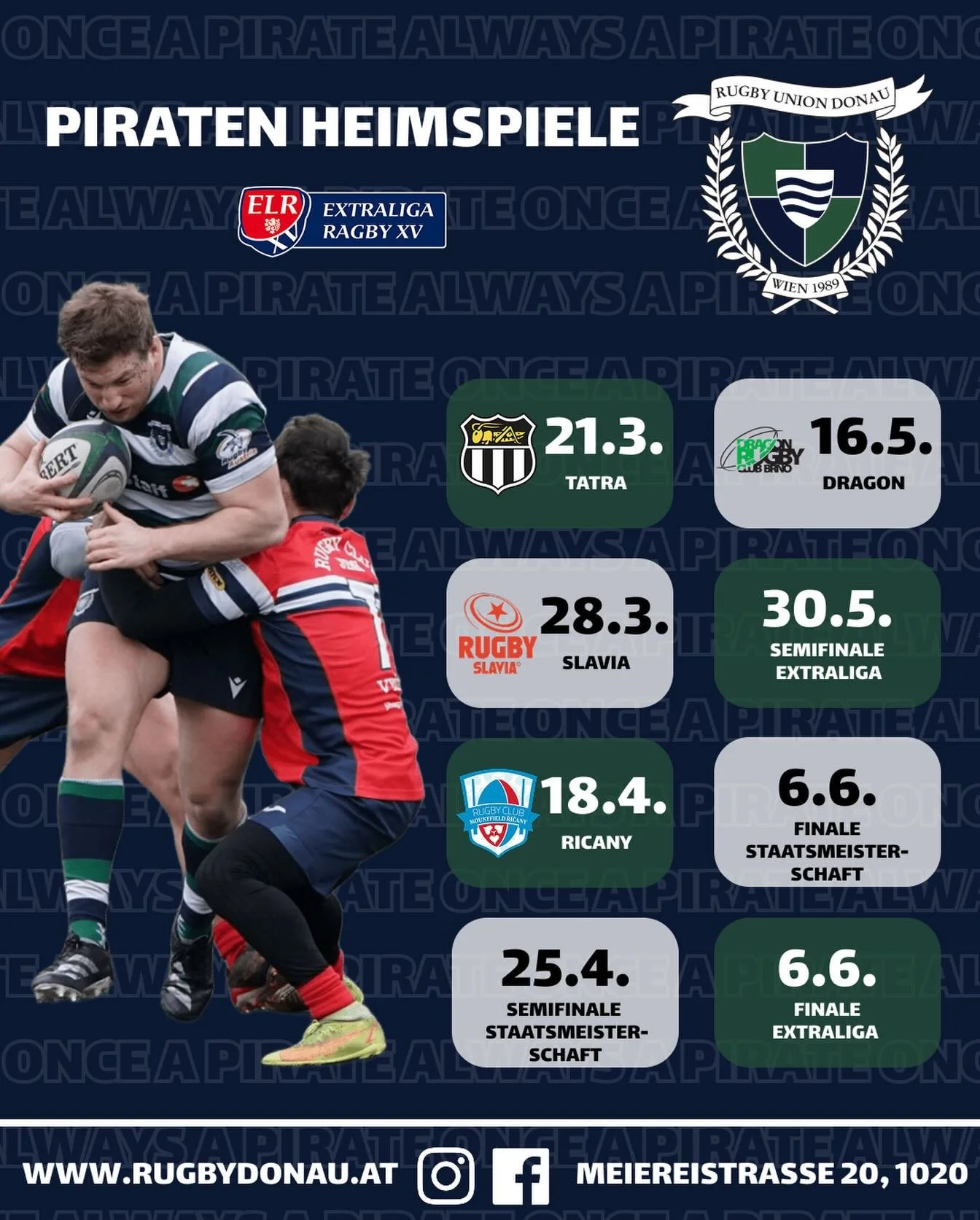 🏴&zwj;☠️ Our Pirate home games this season!

Make sure to mark them in your calendar and come support the Pirates during this historic season.

We need all the support we can get &mdash; see you at the pitch!

#donaurugby #pirates #donaufam #onceapi