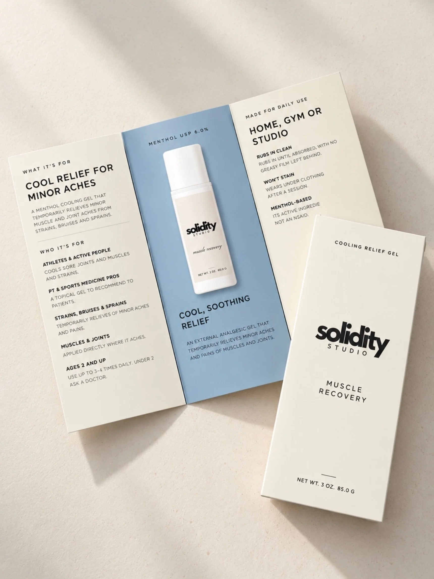 Meet Muscle Recovery by Solidity Studio, a menthol cooling gel (Menthol USP 6.0%) that temporarily relieves minor aches and pains of muscles and joints, from strains and sprains to bruises.

✔️ Rubs in clean, no greasy film
✔️ Won&rsquo;t stain, wear