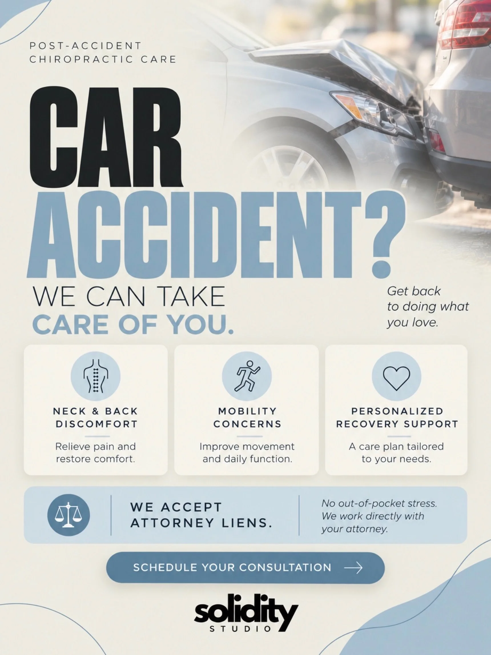 Been in a car accident? Don&rsquo;t wait for the pain to show up. 

Even a &ldquo;minor&rdquo; fender bender can strain your neck and back. Whiplash and soft-tissue injuries often don&rsquo;t show symptoms for days or even weeks. Adrenaline can mask 