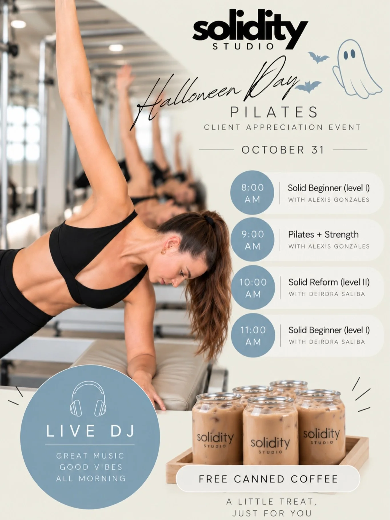Join us Halloween Day for free coffee + matcha &amp; a live DJ!  Book your class today!

#halloweenpilates #pilates #reformerpilates #soliditystudio