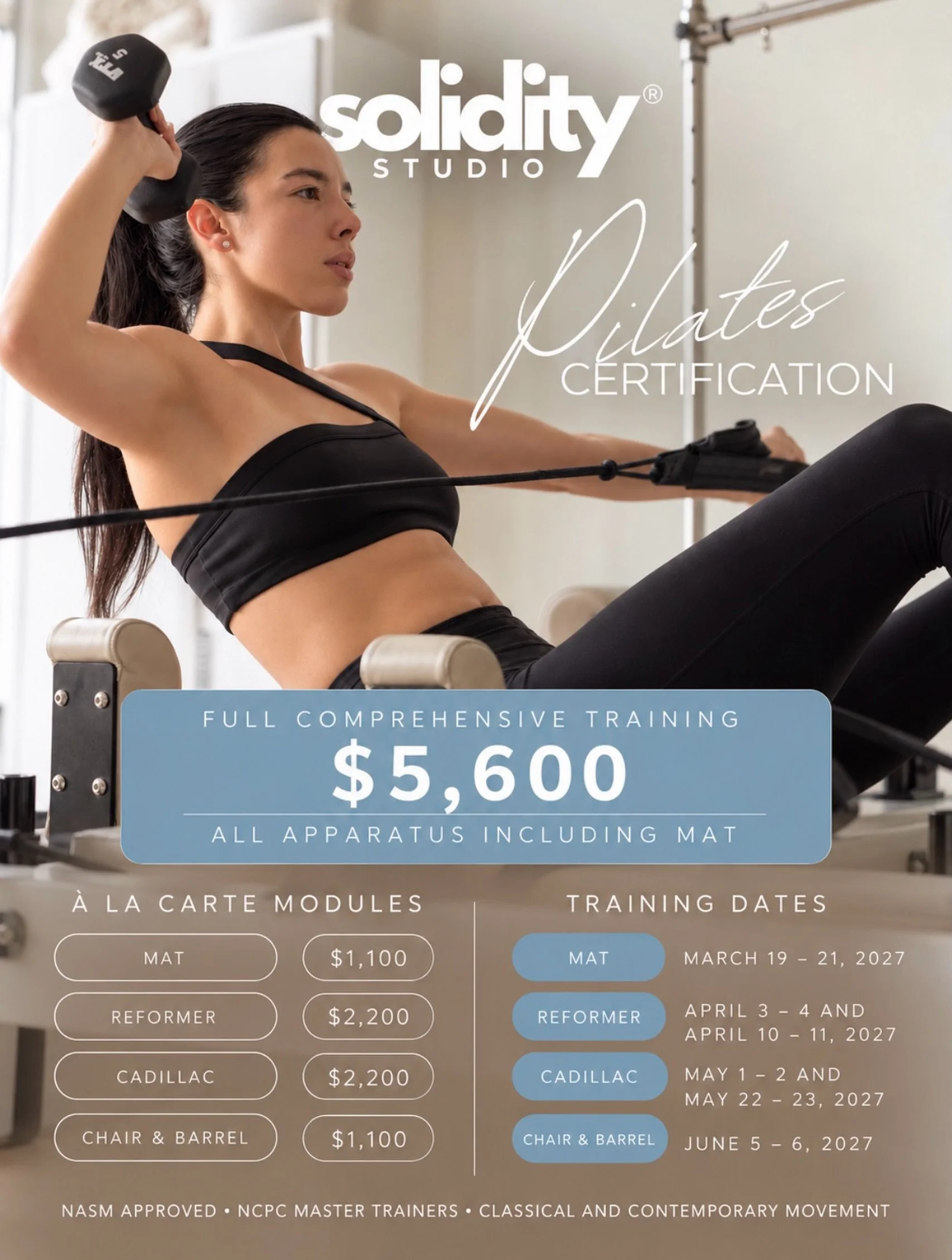 You asked and we&rsquo;ve delivered! We&rsquo;ve brought to you a Solidity&reg;  Pilates Certification taught by NCPC master trainers. We are offering an Early Bird special of 10% to anyone that joins before January 15, 2027. Can&rsquo;t wait to lear