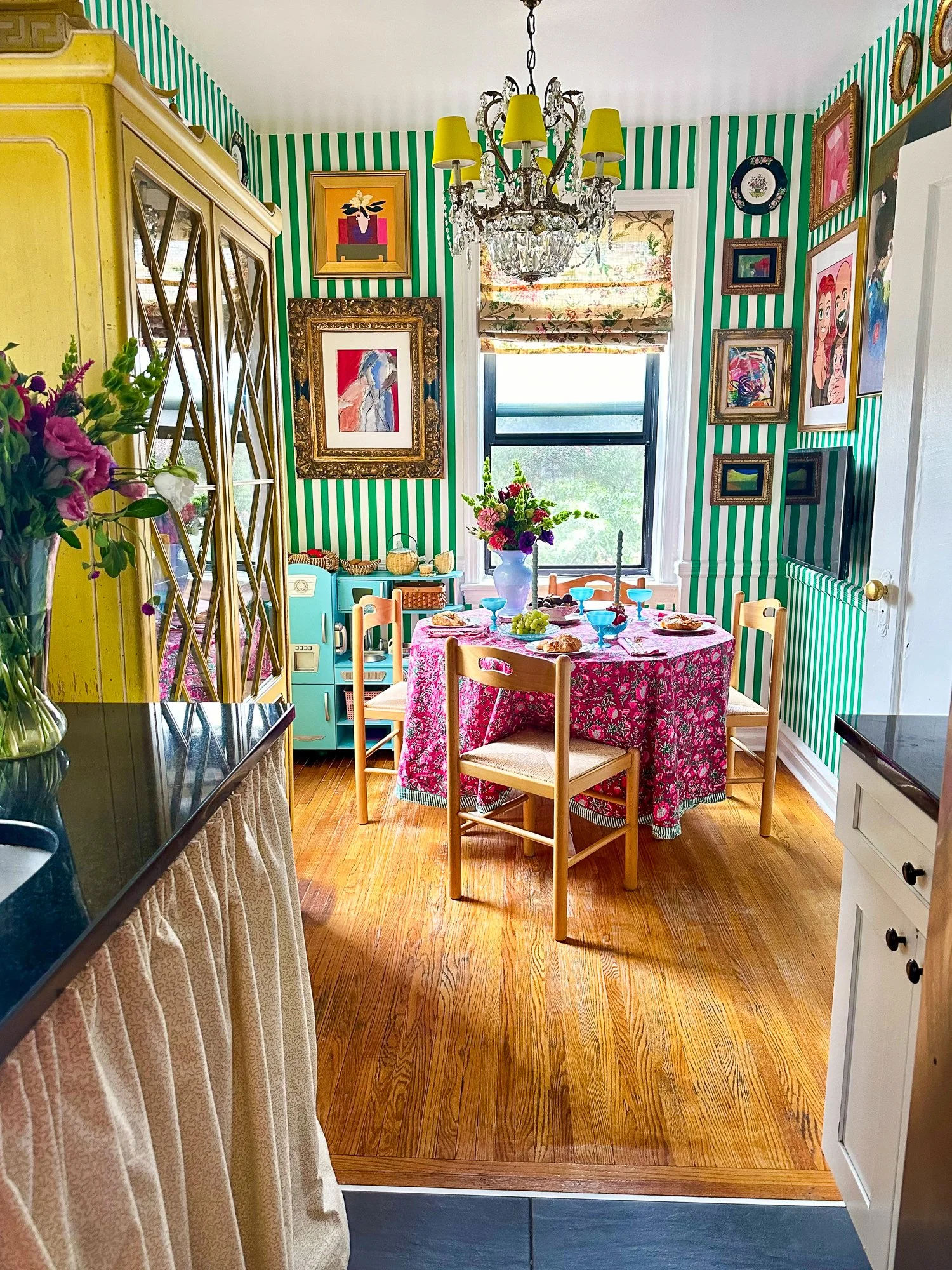 DIY Maximalist Green Stripe Wall in  NYC kitchen makeover