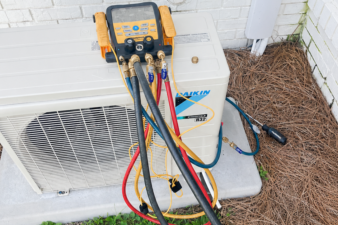 HVAC diagnostic equipment connected to a Daikin ductless mini-split outdoor unit during service