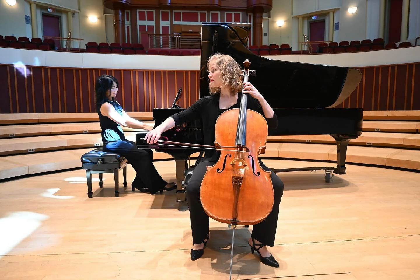 Our Resonance team is hard at work this summer! 
Today our own Laura Usiskin and pianist Choo Choo Hu recorded our Resonance Multicultural Cello Method Book 1 pieces at beautiful Cherry Logan Emerson Hall. 
We are so grateful to fantastic pianist Dav