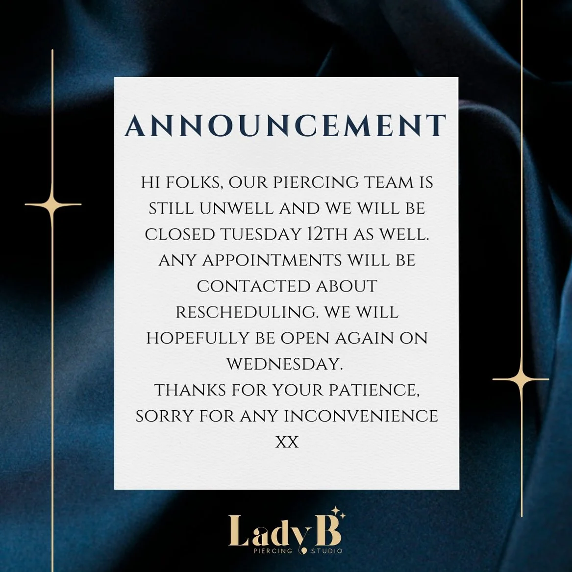 We will be closed tomorrow, Tuesday 12th. All appointments have been contacted for rescheduling, sorry for any inconvenience!🤍
If you at all feel unwell please feel free to reschedule your appointment rather than come into the studio feeling sick, i
