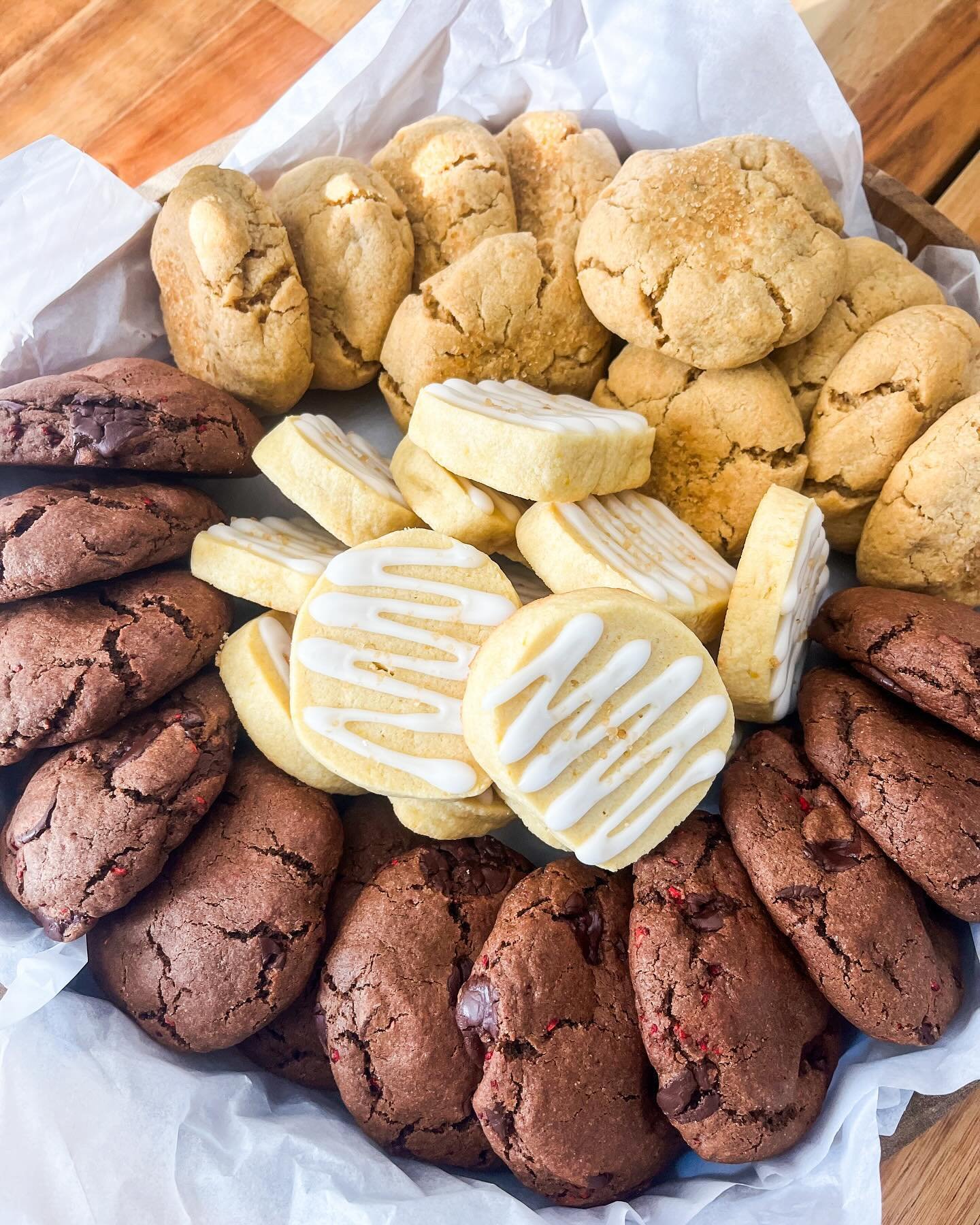 okay, yum! 
.
lemon shortbread cookies, peanut butter cookies, and a build your own cookie with a chocolate base with dark chocolate chips and raspberry mixin&rsquo;s. all made with a majority of organic ingredients!