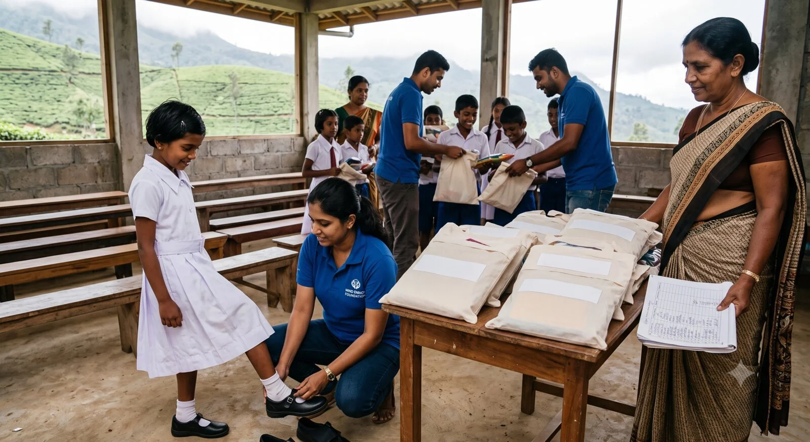 A Mind Enrich Foundation volunteer fitting new school shoes on a young Sri Lankan student as classmates receive canvas supply bags in a rural Nawalapitiya schoolroom.