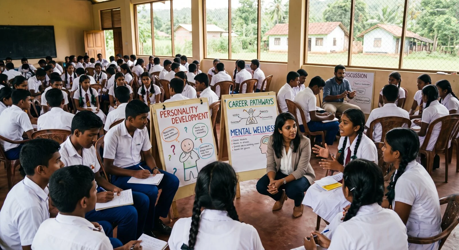 A counselor leading a small-group discussion on personality development and mental wellness beside flip-chart posters, with a large group of Sri Lankan secondary students seated in the background.