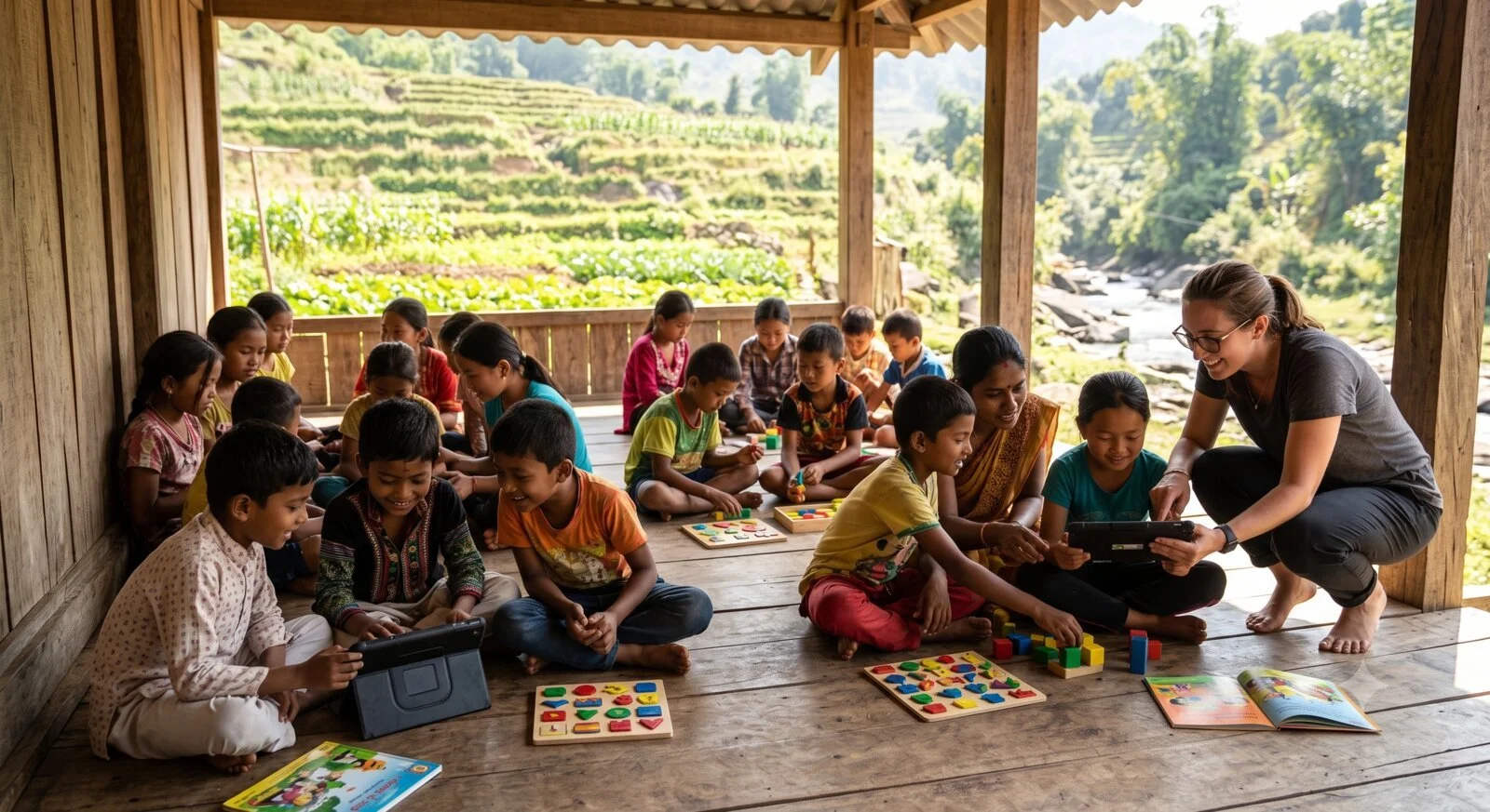 A volunteer teacher shows a tablet to smiling children seated on a covered wooden porch, with terraced hillside farmland and a mountain river visible in the background, while other children work with puzzle boards and blocks.