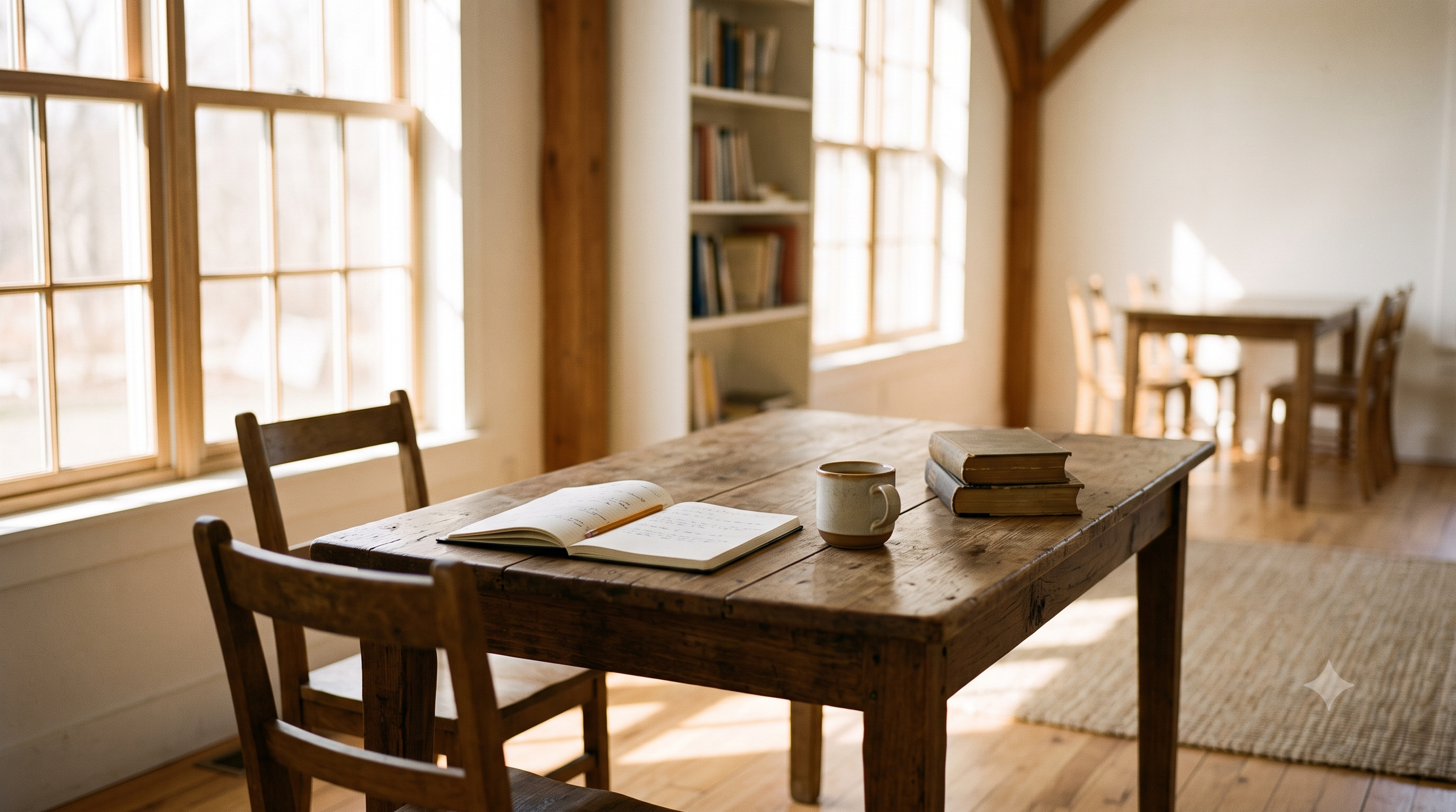 A cozy wooden table with an open notebook, a few closed books, and a cup, set in a bright room with large windows and wooden furniture.