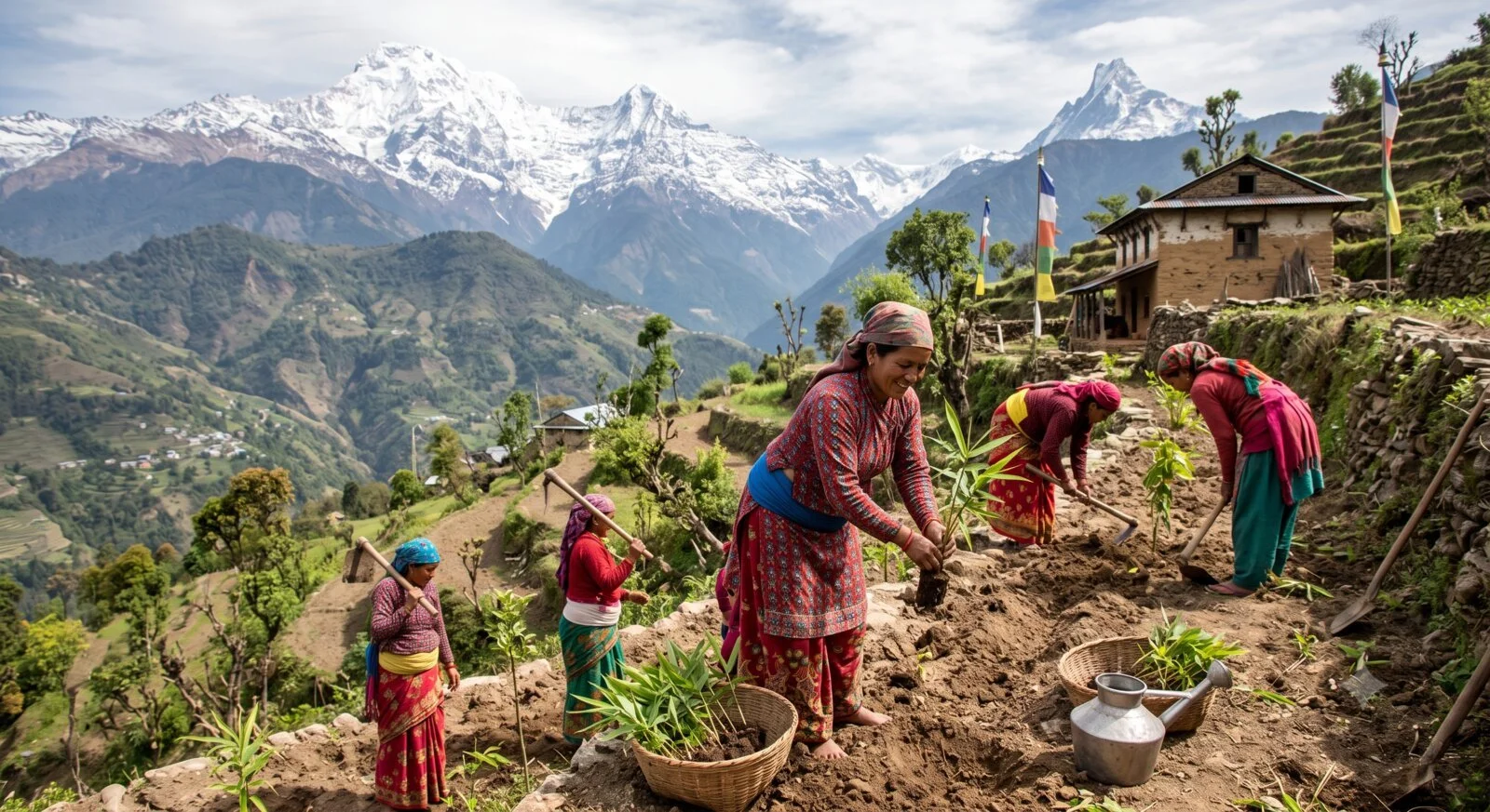 Nepali women in traditional dress planting saplings on a terraced mountainside, with snow-capped Himalayan peaks and prayer flags visible in the background.