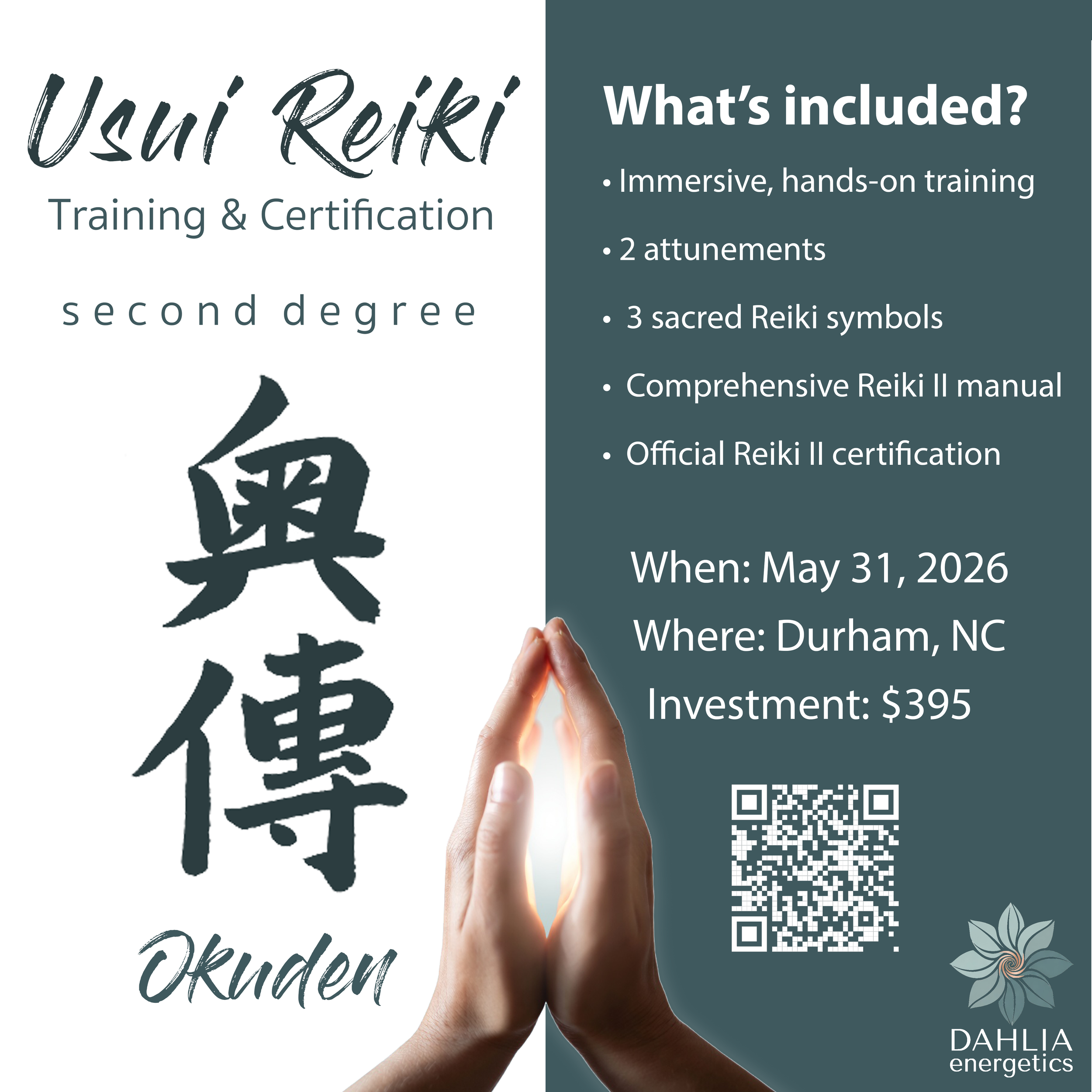 A promotional flyer for Usui Reiki Training & Certification with details about the course, including immersive hands-on training, two attunements, three sacred Reiki symbols, a comprehensive Reiki II manual, and official certification. The flyer features a hand holding a glowing object, a QR code, and floral illustrations.