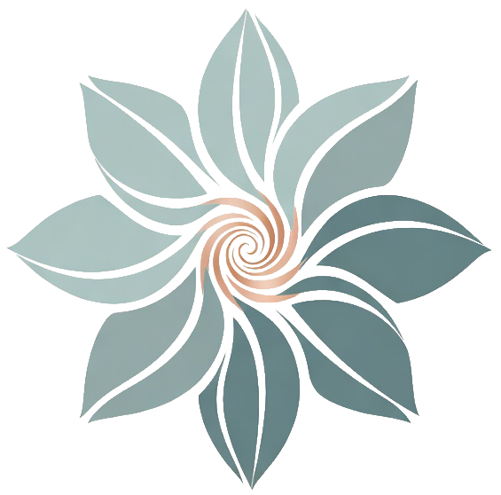 A stylized, abstract flower with spiral center and curved petals in shades of blue and gray.