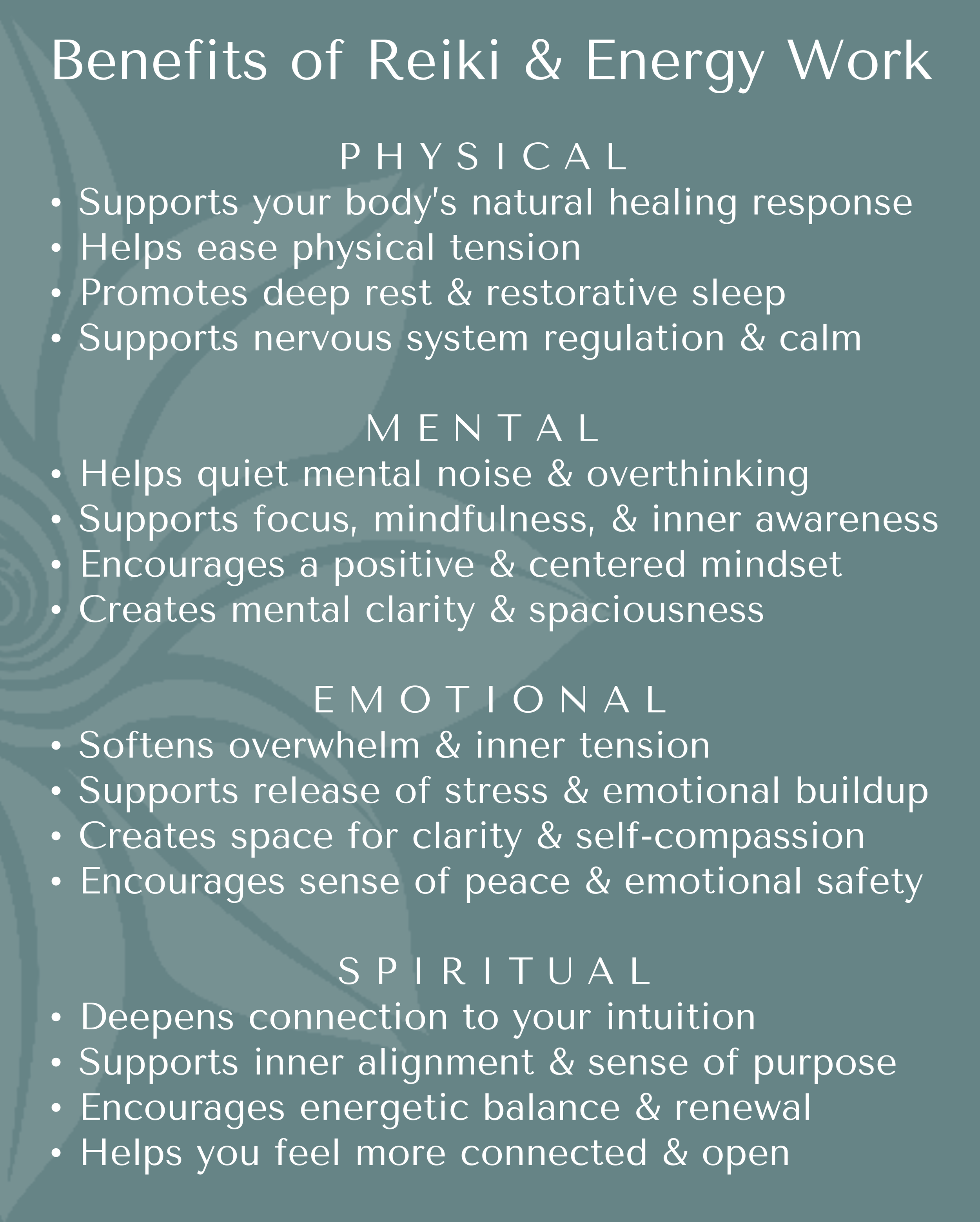 A teal-colored infographic titled 'Benefits of Reiki & Energy Work' divided into three sections: Physical, Mental, and Spiritual, listing various benefits of Reiki and energy practices in bullet points.