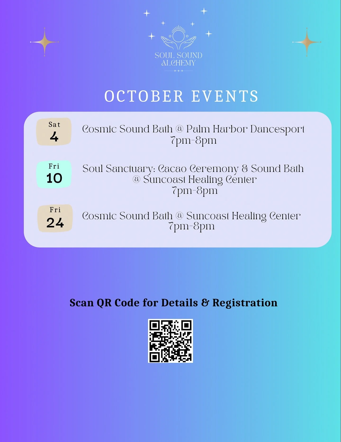 ✨ October is filled with Soul Sound Alchemy magic! ✨
Immerse yourself in the healing power of sound, sacred cacao, and cosmic vibrations this month:

🌙 Sat, Oct 4 &ndash; Cosmic Sound Bath @ Palm Harbor Dancesport (7&ndash;8pm)
🌺 Fri, Oct 10 &ndash
