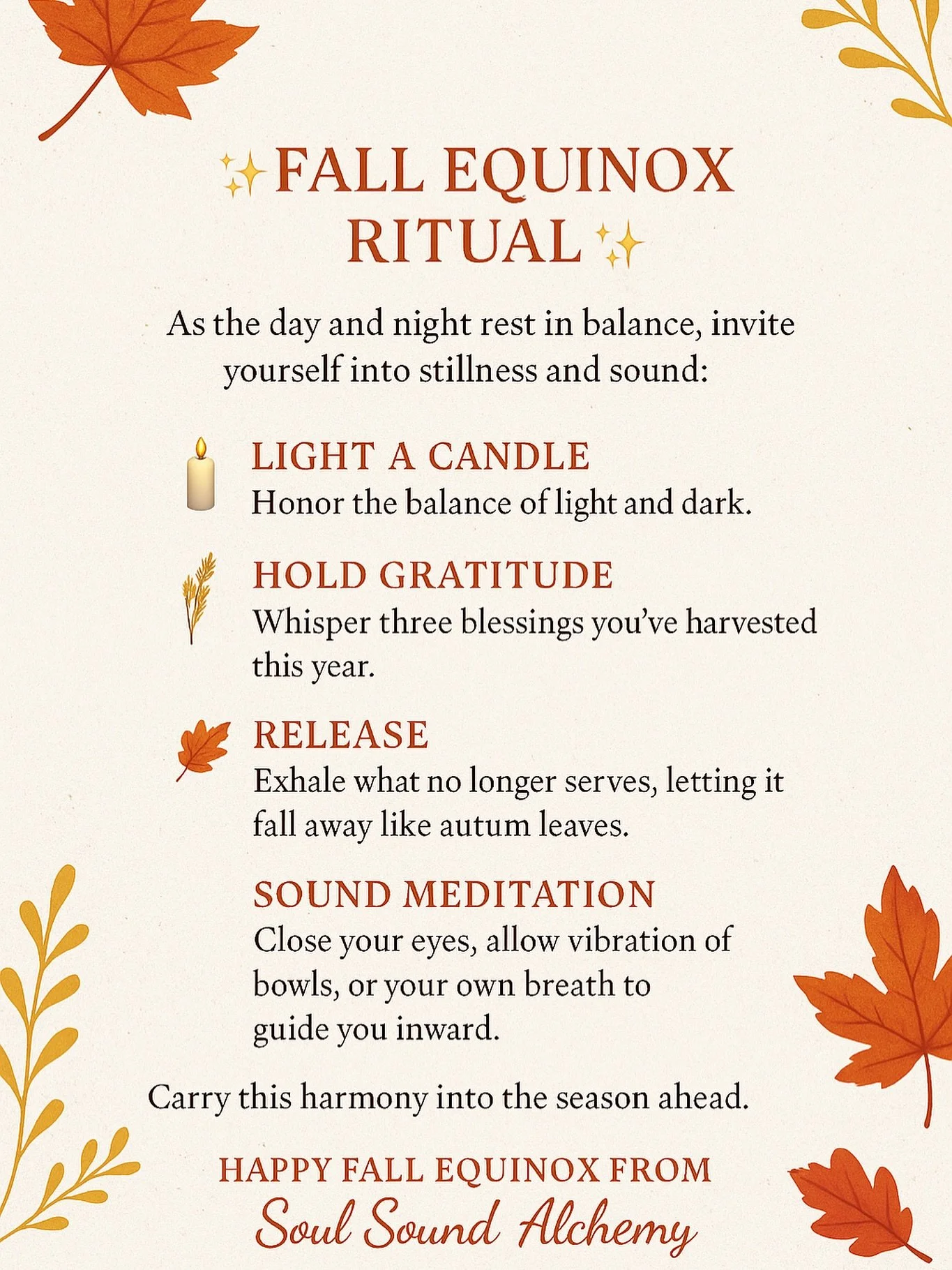 🍂✨ Fall Equinox Blessings ✨🍂

The light and dark meet in perfect harmony today.
This turning point reminds us to:

🌾 Harvest what we&rsquo;ve grown
🌙 Release what no longer serves
🔥 Carry our inner light into the season ahead

Take a breath, set