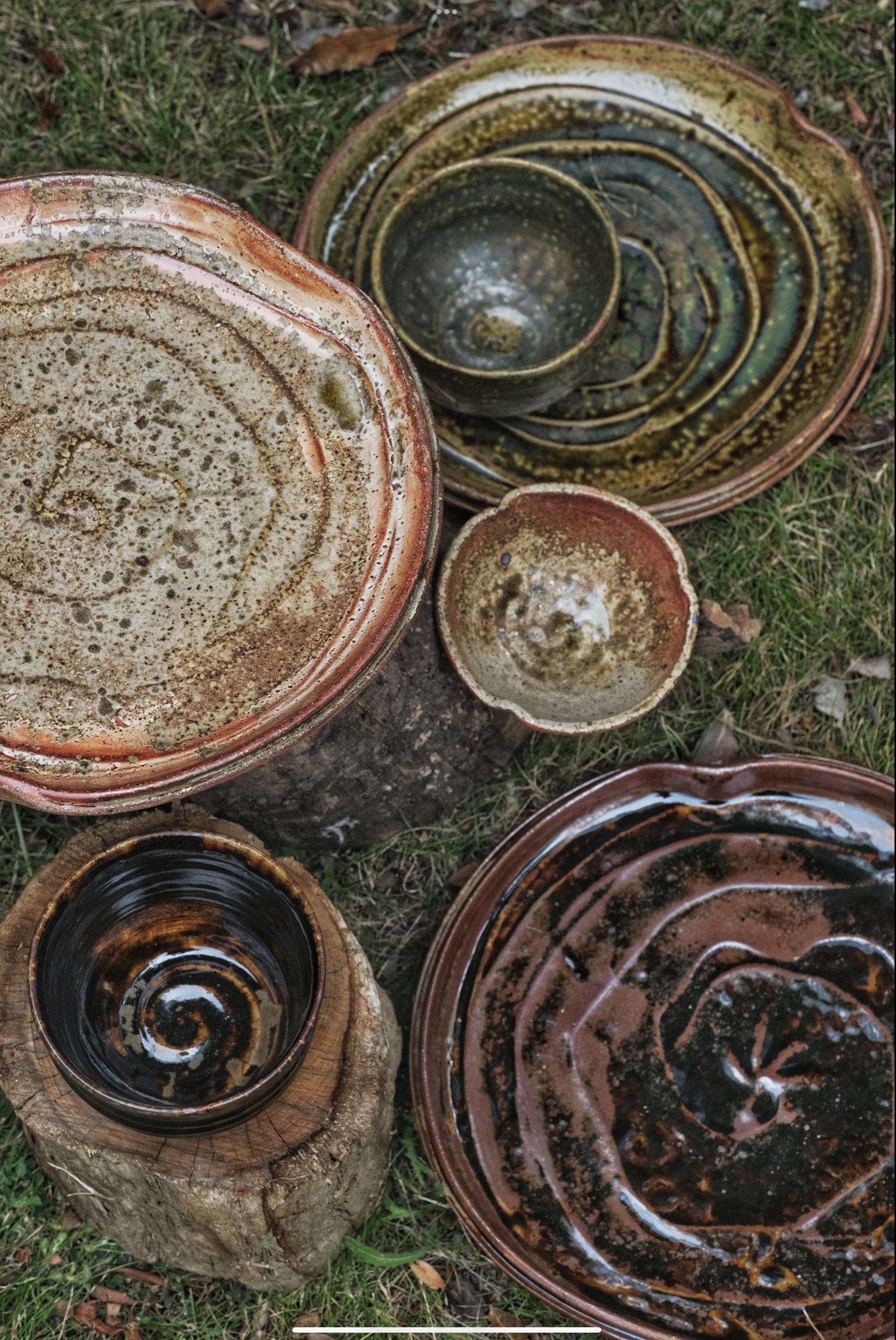 Stoneware platters and bowls in ash glaze