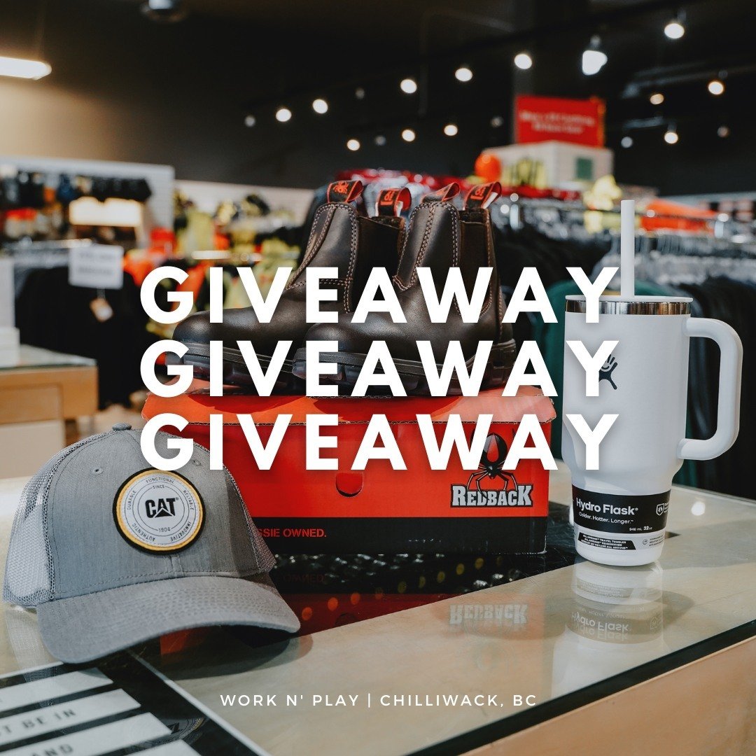 🎉 IN-STORE GIVEAWAY 🎉​⁠
⁠
Hey there, folks! We're thrilled to announce an exciting giveaway happening exclusively in-store at Work N' Play Chilliwack! Win what you see in this photo - a pair of Redback boots, a Hydroflask tumbler, and a Caterpillar