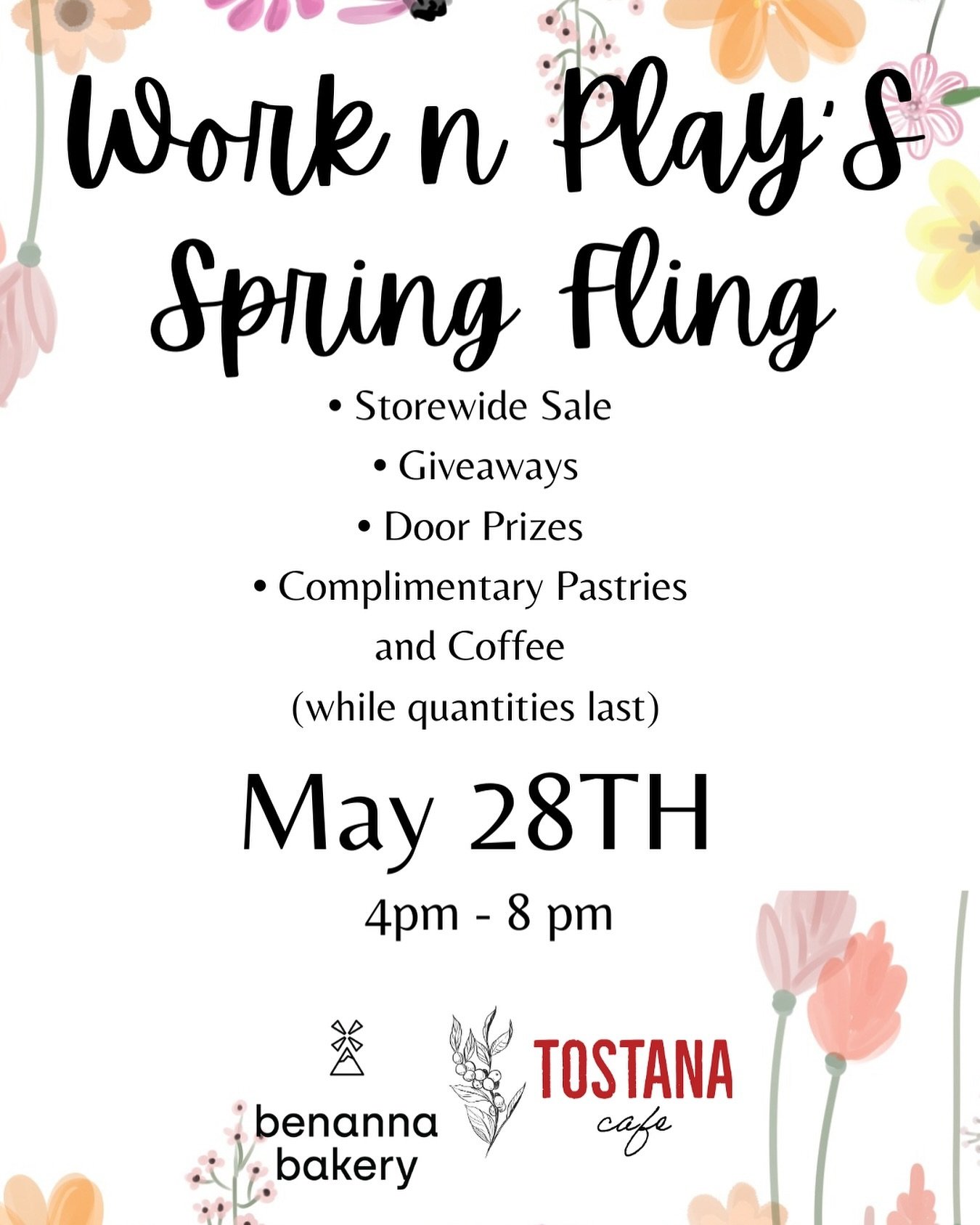 Come join us May 28th for our first ever spring fling! 💐✨☕️

Enjoy complimentary pastries from Benanna Bakery and coffee from Tostana Coffee truck while shopping some great sales! 🎉