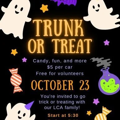 🎃 Trunk or Treat is Back! 👻

Our LCA Robotics Team is excited to host Trunk or Treat again this year on Wednesday, October 23rd from 5:30&ndash;7:00 PM! 
This fun-filled evening helps support our team by raising funds for competition fees and robot