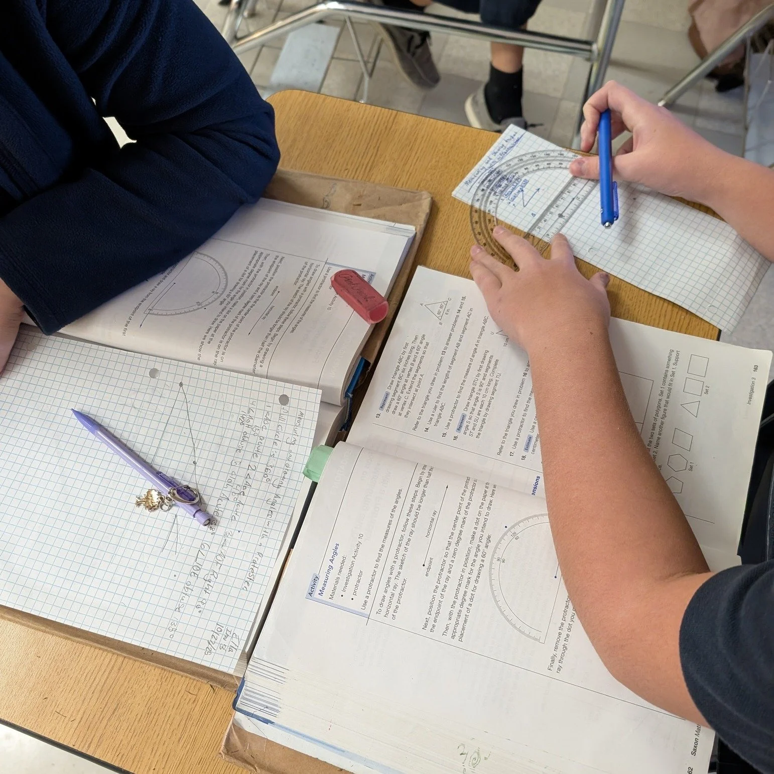 6th graders are learning how to use protractors to draw angles and find angle measures in math this week! Keep up[ the great work, 6th grade!