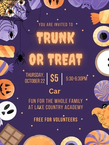 Trunk or Treat is Back!
Our Robotics Team is hosting Trunk or Treat for LCA families on Thursday, October 22, from 5:30&ndash;6:30 p.m. Families can visit decorated trunks, collect treats, and vote for the Best Decorated Trunk.

Admission is $5 per c