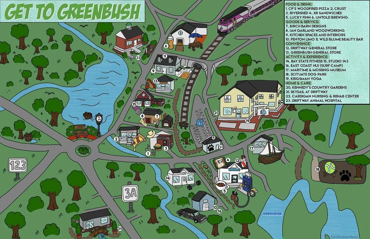 Wondering where to go in Greenbush? Here&rsquo;s a handy map marking ALL the fun businesses hosting parties this Saturday!📍🎉 

Park at MBTA Greenbush and stroll door-to-door to experience the many events happening in our quaint nook of Scituate.

H