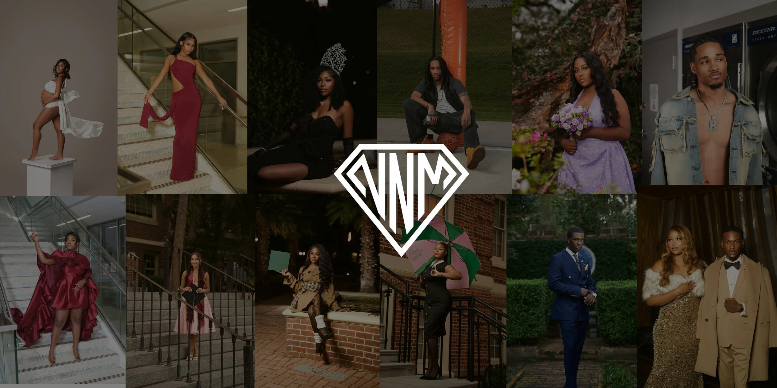 Collage of eleven people dressed in formal attire, posing in various indoor and outdoor settings, featuring fashion, elegance, and style.