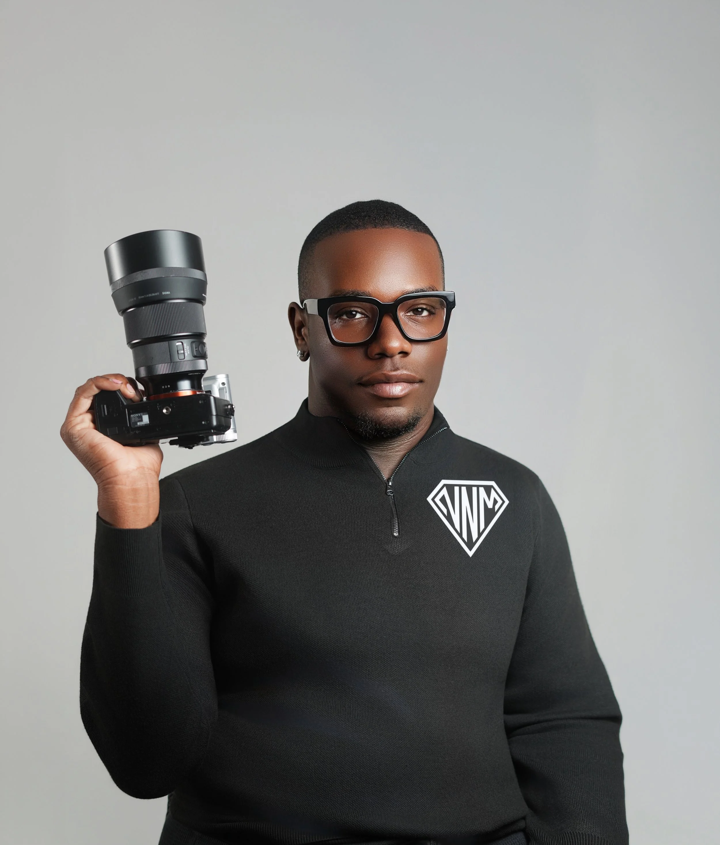 A man with dark skin, short hair, and glasses, wearing a black sweatshirt with a diamond-shaped logo, holds a camera with a large zoom lens over his shoulder against a plain gray background.