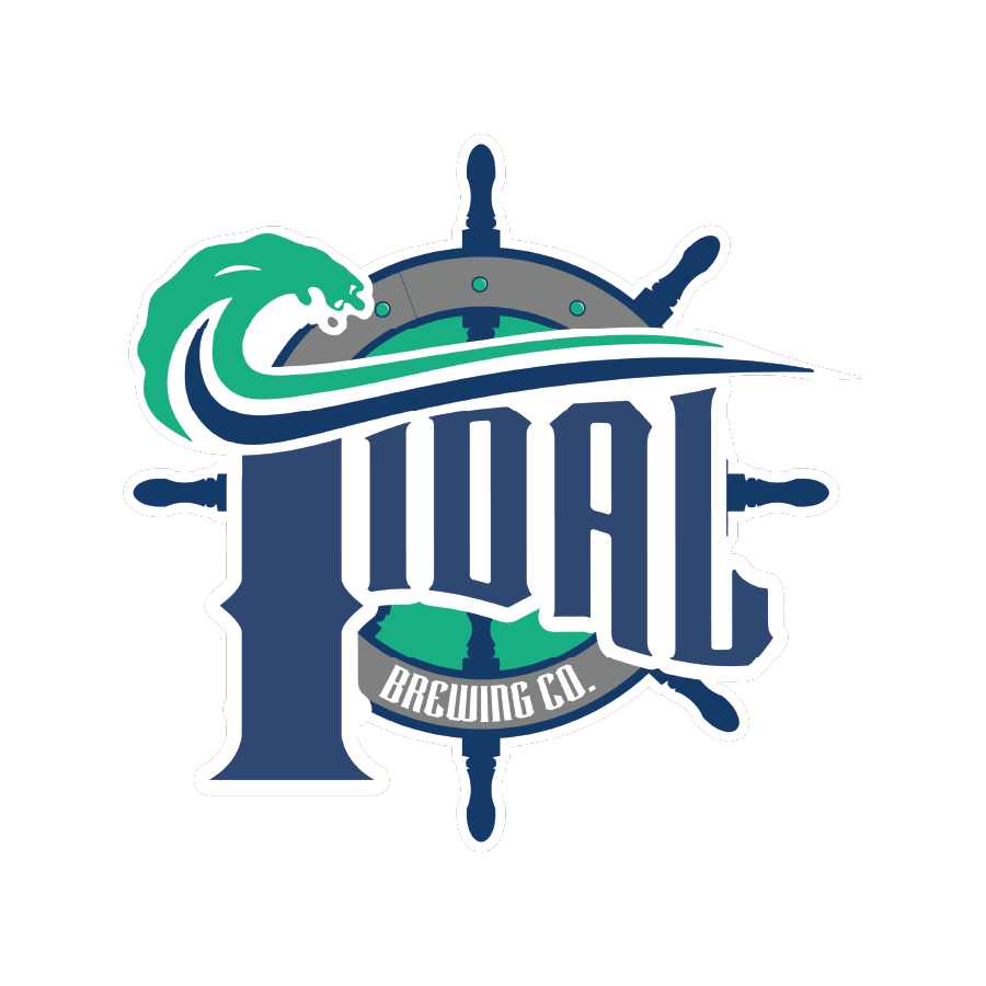 Logo of Tidal Brewing Co. featuring a ship's wheel, a wave, and the name in nautical style fonts.