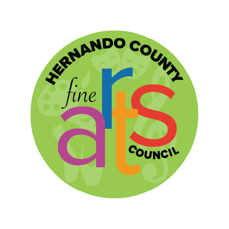Logo for Hernando County Fine Arts Council featuring colorful stylized letters on a green circular background.