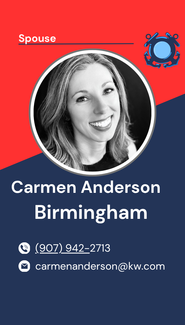 Business card for Carmen Anderson from Birmingham, featuring a black and white headshot of her smiling, with contact information including phone number and email, and a graphic of a blue anchor with a circular mirror.