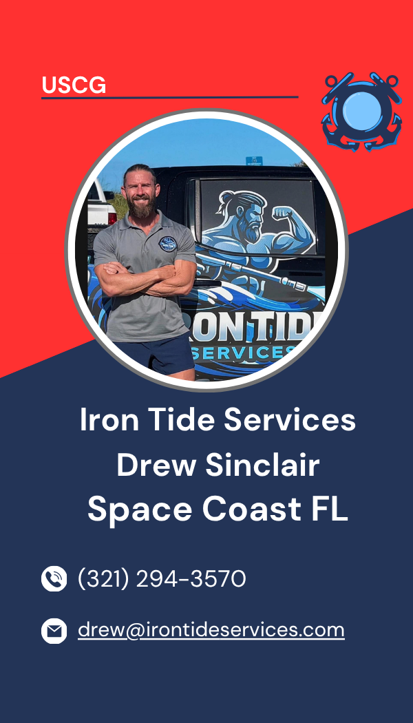 Business card for Iron Tide Services featuring a photo of Drew Sinclair, a muscular cartoon lion logo, and contact details including phone number and email.