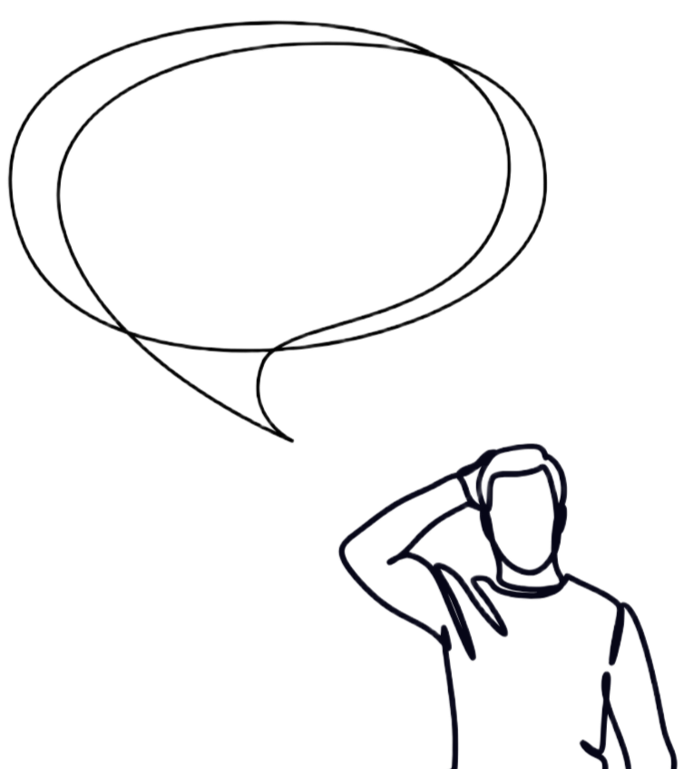 A line drawing of a person with a speech bubble above their head, with no text inside, indicating the person is asking a question.