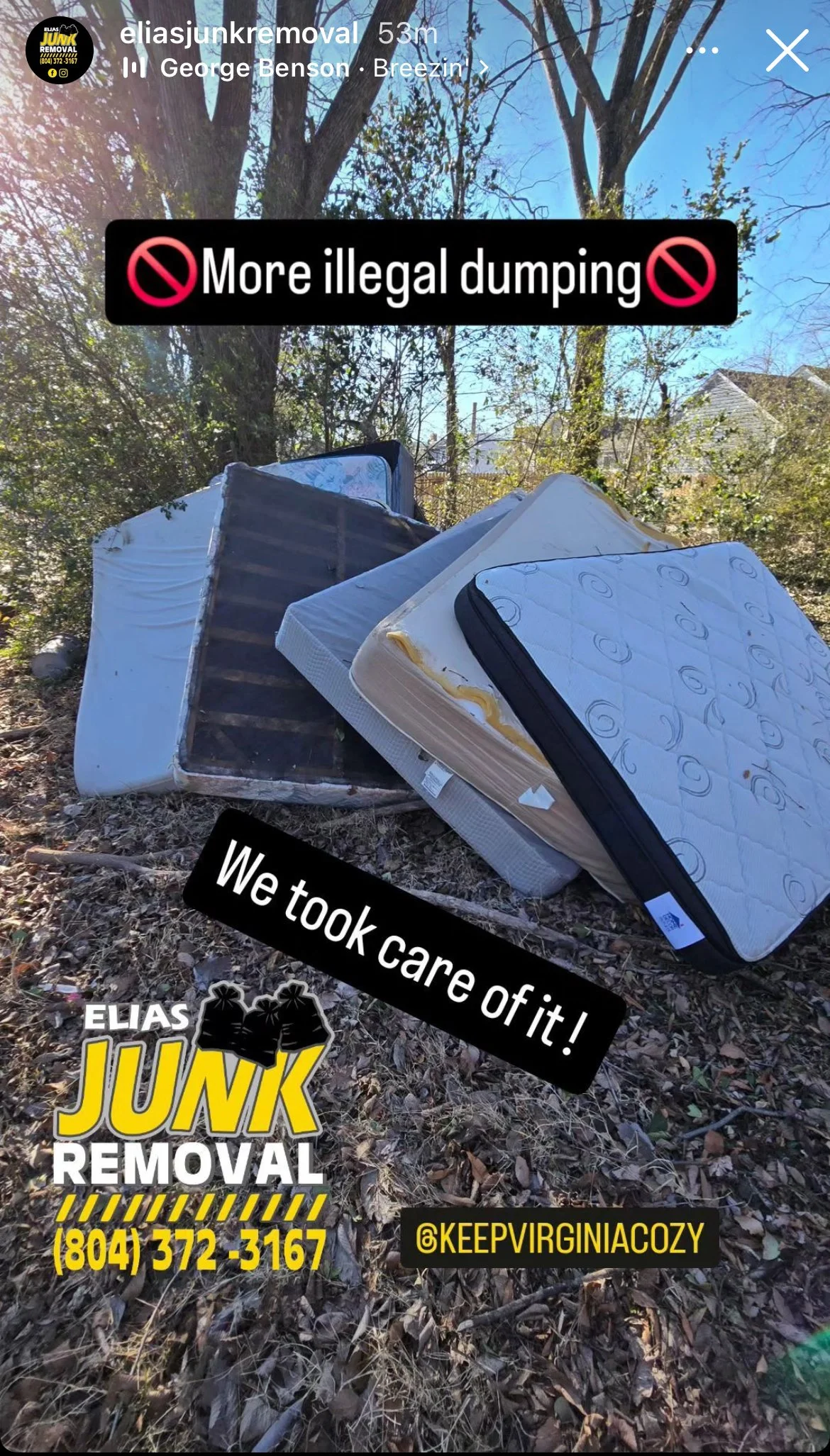 Illegal dumping of mattresses picked up by Elias Junk Removal in Richmond, VA
