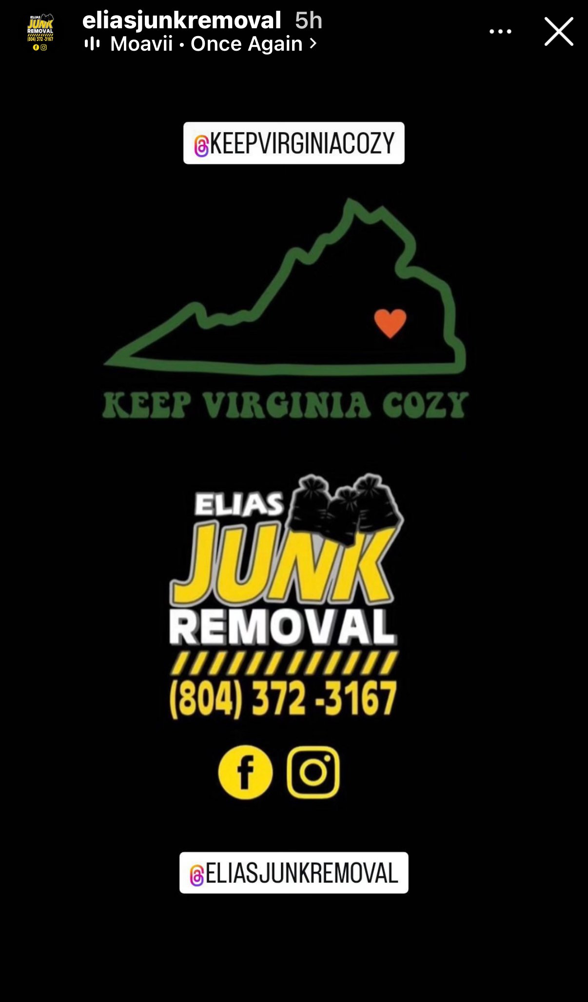 Keep Virginia Cozy and Elias Junk Removal partners in removing trash throughout the RVA to keep the community clean 