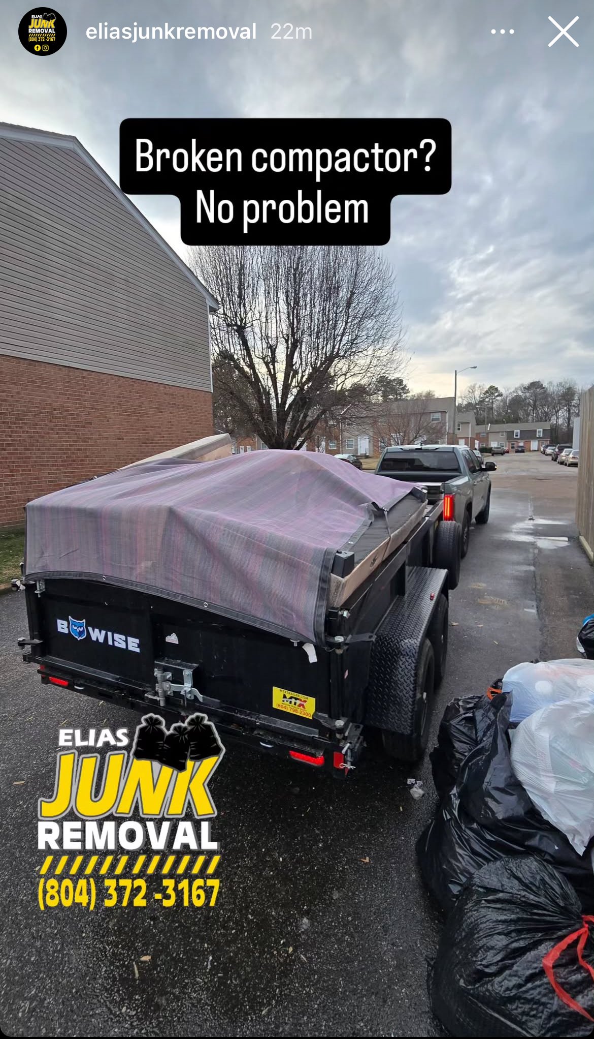 Broken compactor debris removal by Elias Junk Removal in Richmond, VA