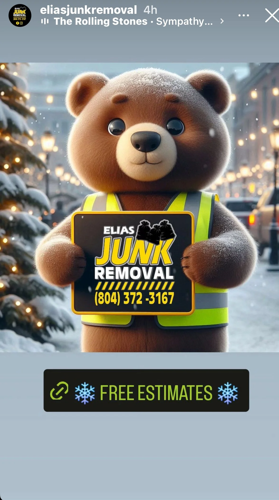 Elias Junk Removal Christmas bear sign