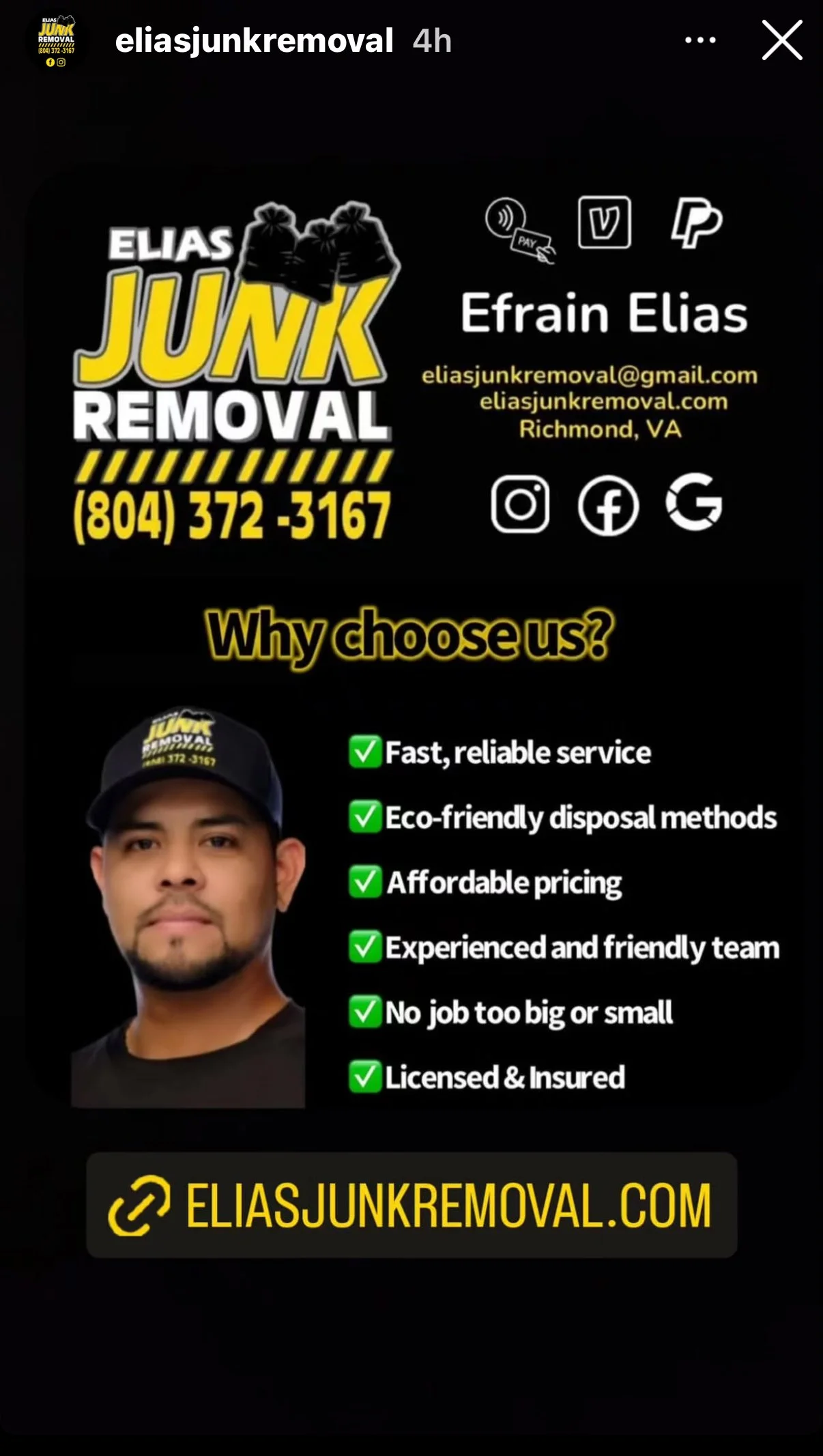 Why Choose Elias Junk Removal? Because fast, reliable service, eco friendly disposal methods, affordable pricing, experience and friendly, licensed and insured. 