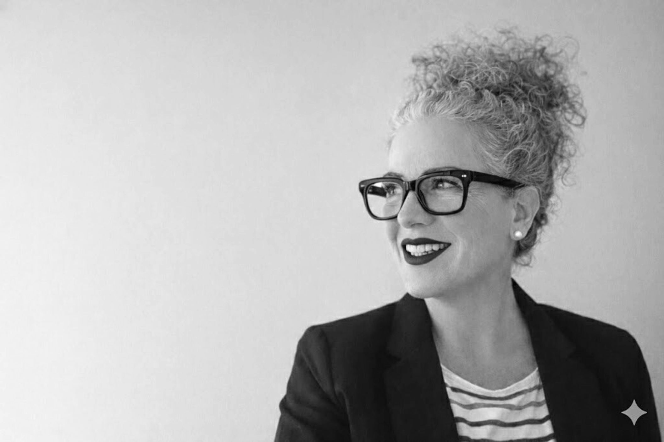 Black and white photo of a woman with curly hair, wearing glasses, earrings, a striped shirt, and a blazer, looking to the side and smiling.