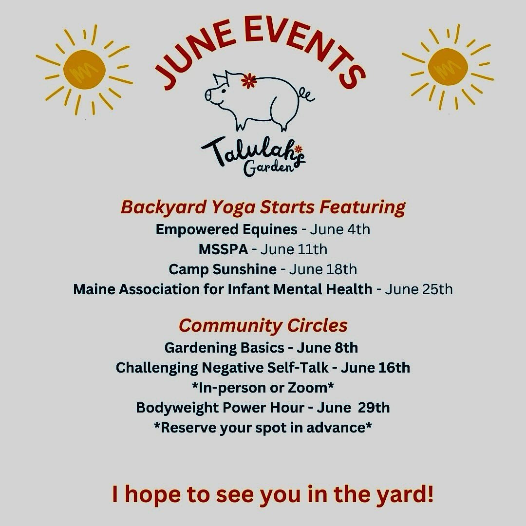 June is almost here &amp; it&rsquo;s going to be hoppin&rsquo; with Talulah&rsquo;s Garden events!
🧘 Backyard Yoga is back &amp; is featuring 4 amazing nonprofits. No sign up needed - just head to the yard!
☀️Community Circles start☀️. Registration 